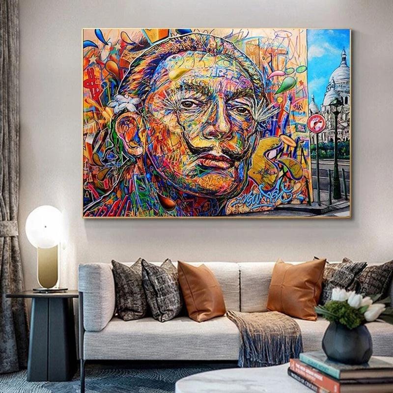 Graffiti Portrait of Salvador Dali Canvas Paintings | Street Wall Art Posters and Prints | Living Room Home Decor